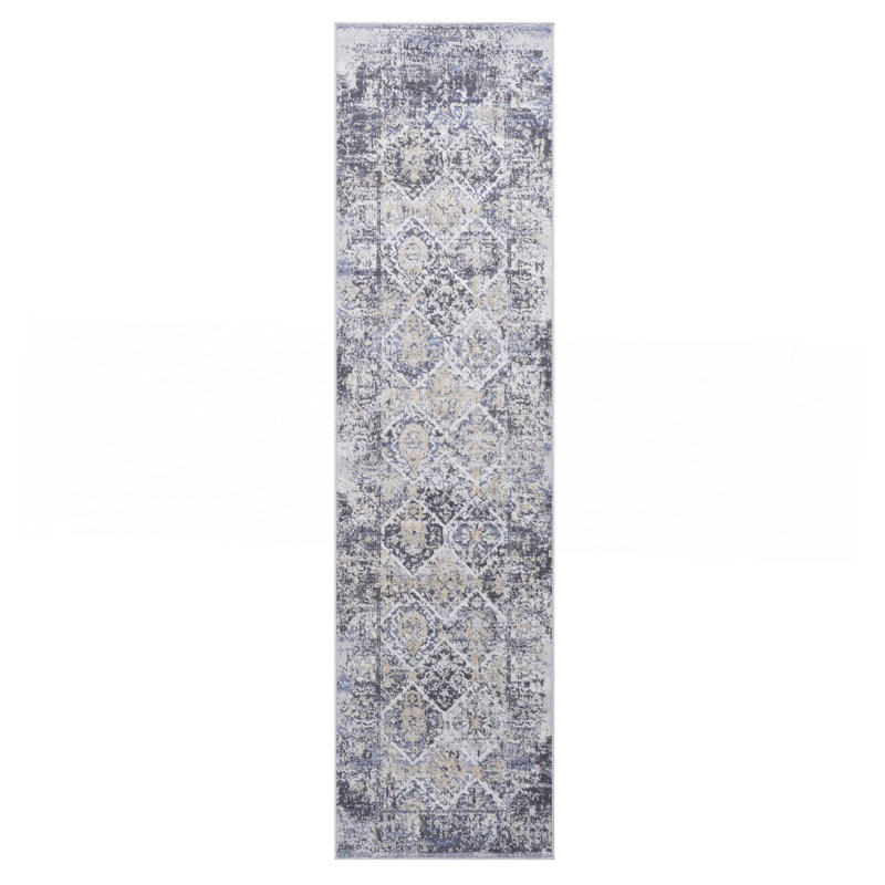 Tapis gris / bleu / traditionnel, Tapis de couloir 2 pi 2 po x 8 pi