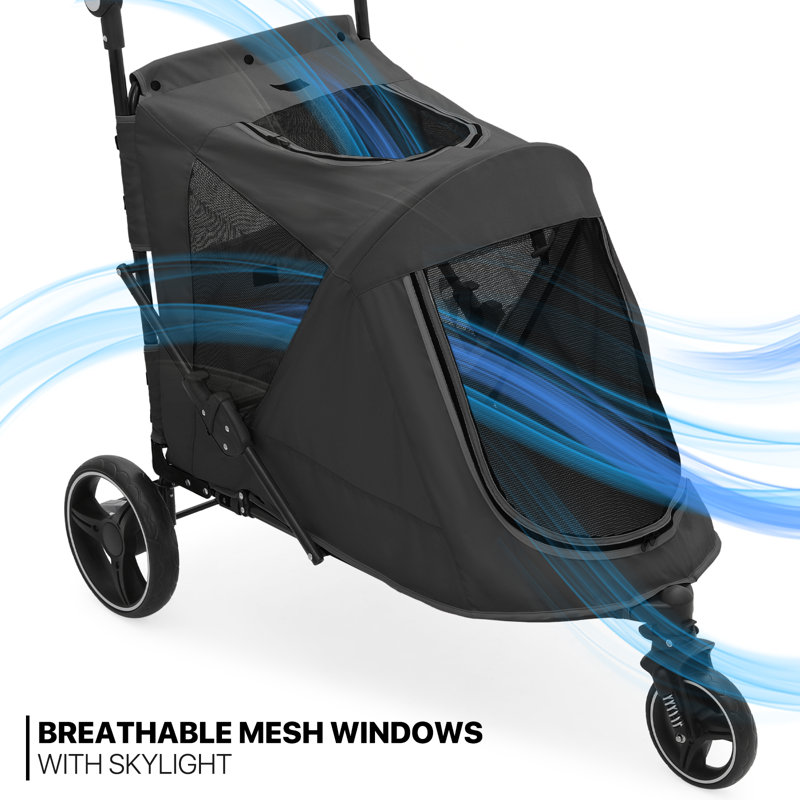 Black Steel Frame 3-Wheel Dog Stroller with Adjustable Handle