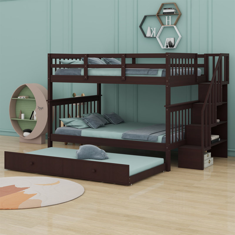 Full over Full Bunk Bed with Built-In Stairs , Trundle Bed Included, Espresso