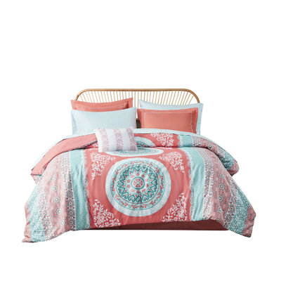 Twin Xl Bedding With Coral Medallion Comforter - Soft Microfiber, Embroidered Border Shams, Style Sheets Collection Print, Decorative Pillow