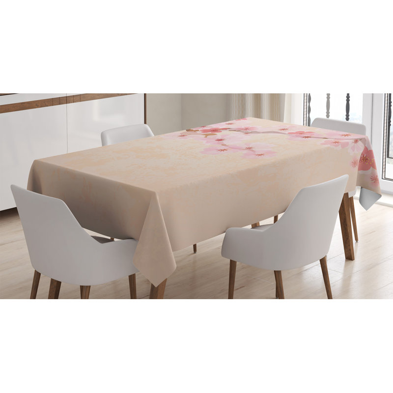 Ambesonne Japanese Tablecloth, Pink Cherry Blossoms On Branch Vintage Textured Flourishing Romantic Season Picture, Rectangular Table Cover For Dining Room Kitchen Decor, 52" X 70", Soft Pink