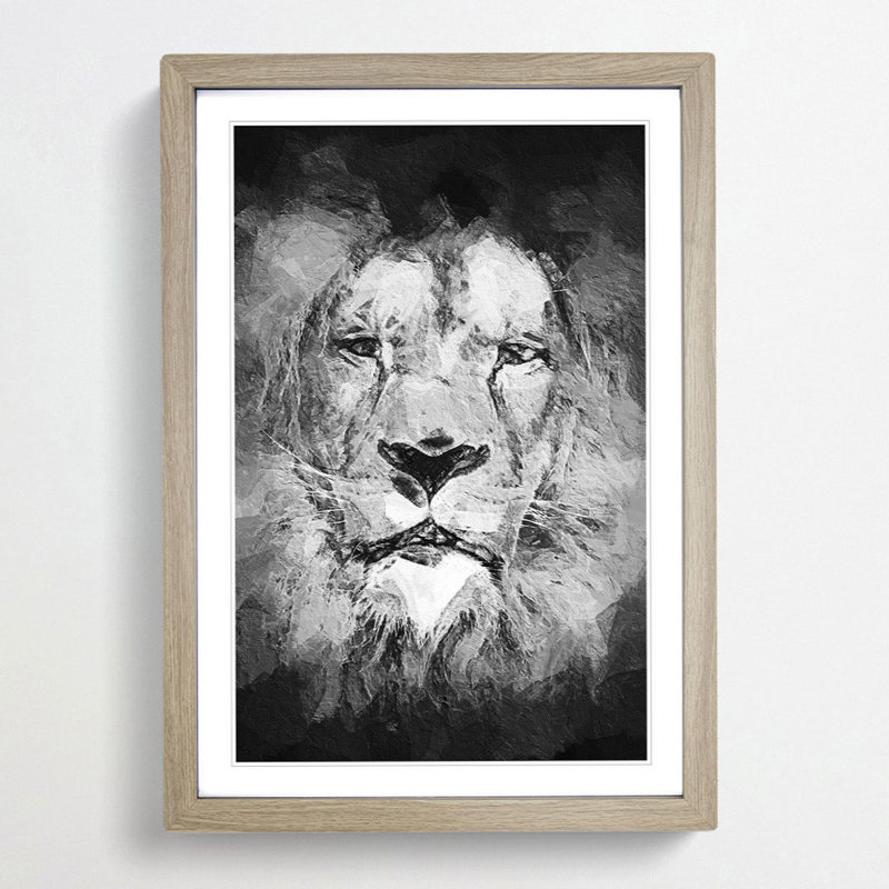 Lion Portrait in Abstract - Picture Frame Painting Print, 65cm H x 48cm W x 2cm D, Oak Framed