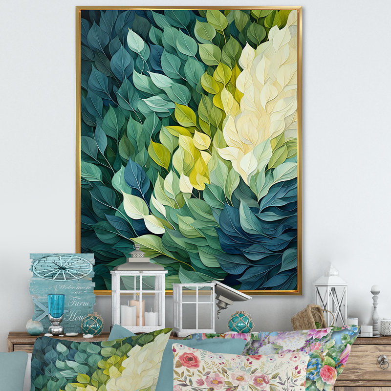 Leaves Green River Collage On Canvas Print, 32" H x 16" W x 1" D, Gold Floater Framed