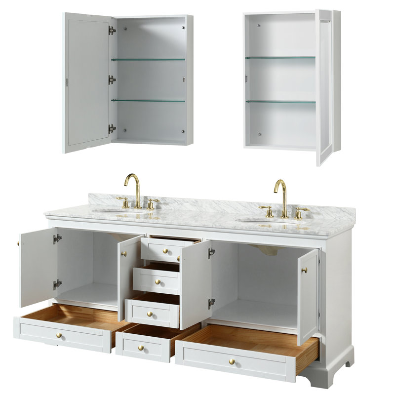 Deborah 80'' Double Bathroom Vanity with Marble Top, Gold, White