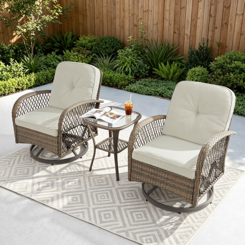 Baecher Wicker / Rattan 2 - Person Outdoor Seating Group with Swivel & Glider Chairs and Glass-Top Side Table