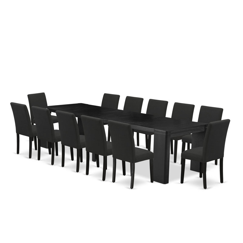 13 Pieces Extendable Dining Set Includes a Rectangle Xtenczar Table and 12 Linen Fabric Dining Chairs, Wire Brushed Black