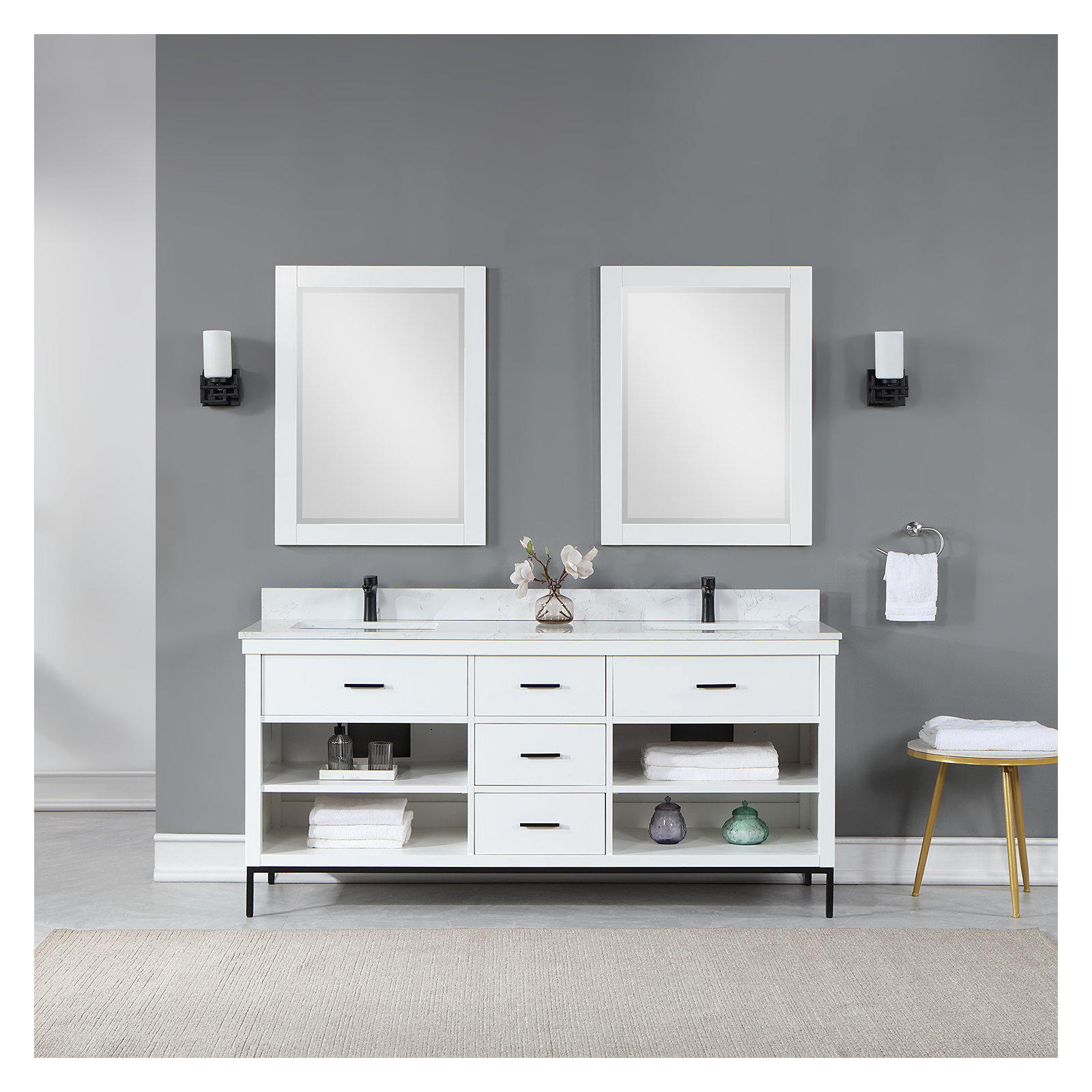 Kesia 72'' Double Bathroom Vanity, Matte Black, White