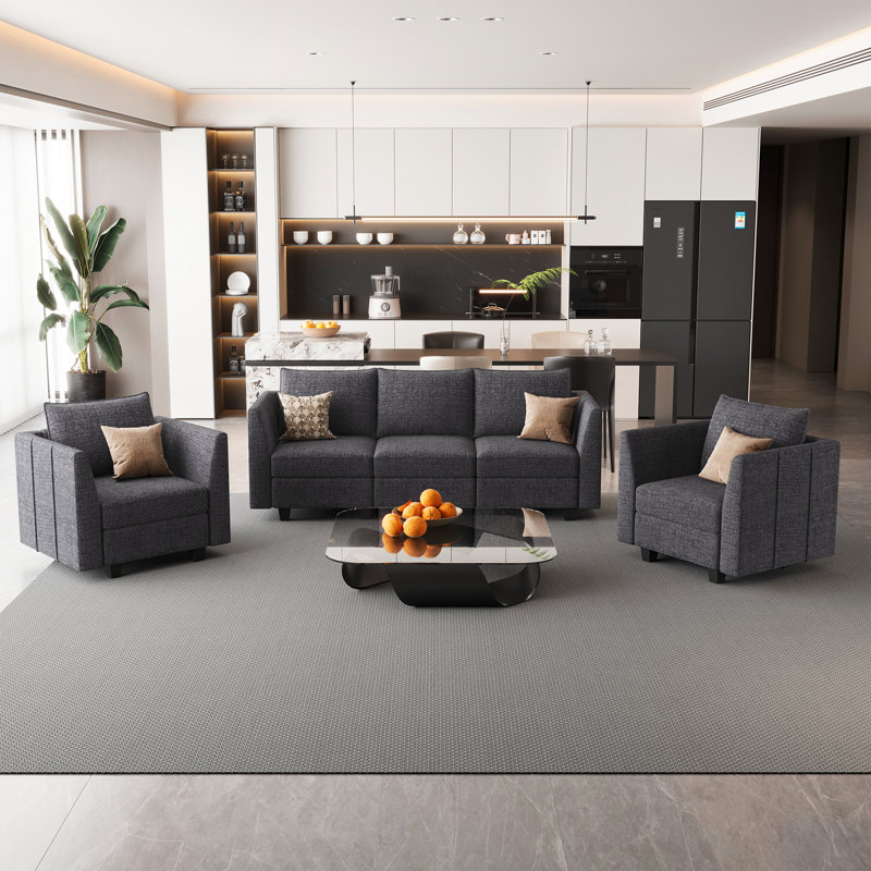 Ensemble de canapé modulaire en chenille avec siège de rangement 3 pièces Aurora, Noir