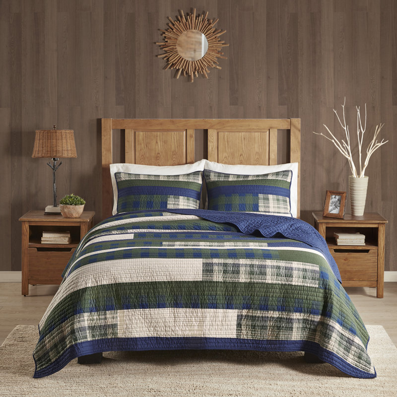 Blue and Green Plaid Cotton King Quilt Set