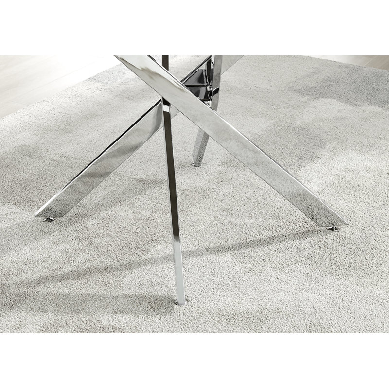 Tierra Modern Chrome Metal & Glass Round Dining Table Set with 4 Upholstered Faux Leather Chairs, Grey/Silver
