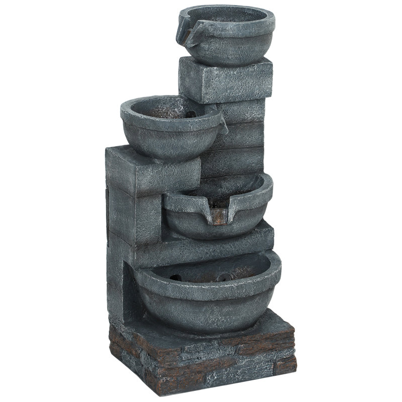 Outdoor Water Fountain with LED, Cascading Bowls Waterfall, Grey