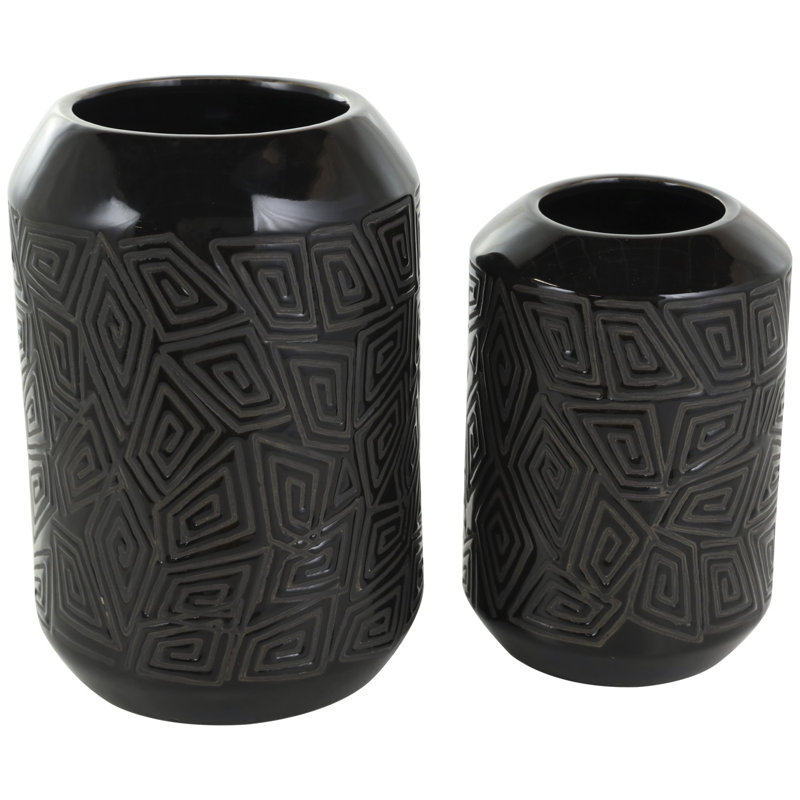 Avanya Ceramic Decorative Black Vase with Geometric Etchings Set