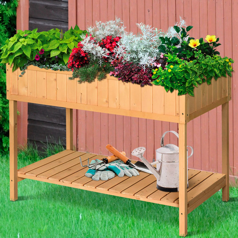 43.25X18x30in Wooden Raised Planter Bed With 8 Pockets And Storage - Nourish Your Garden World Gardening Box Shelf Cultivate A Beautiful Outdoor Space