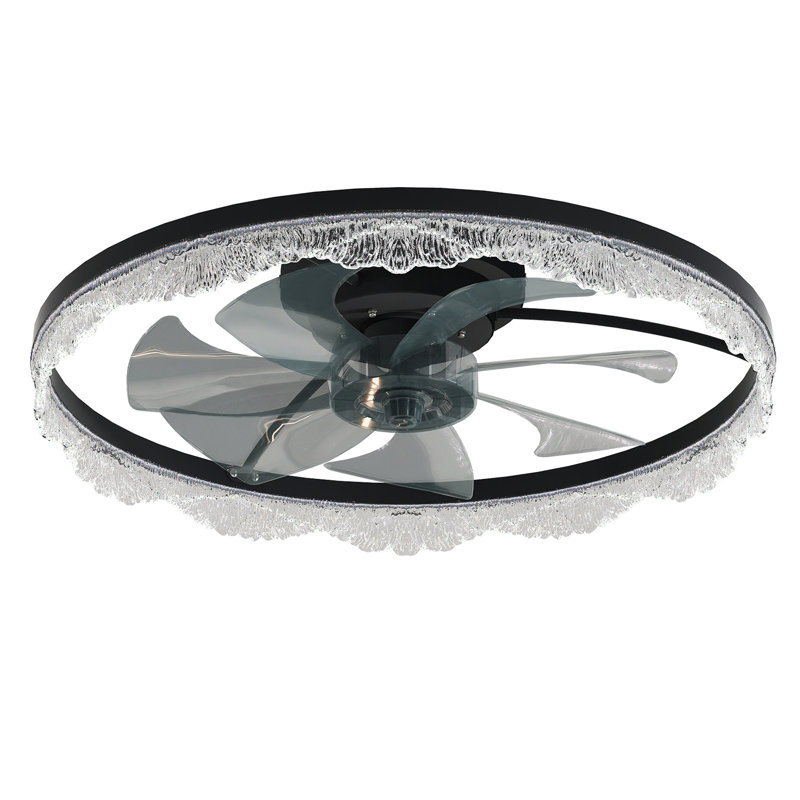 24" Decorative LED Ceiling Fan Light – Modern Flush Mount with Acrylic Ring, Hidden Blades, Remote Control, and Dimmable Light for Stylish Homes (Black)
