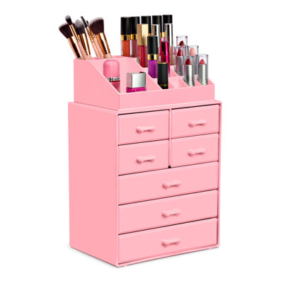Makeup Organizer Case with Lipstick, Brush Holders, Medium, 7 Drawer, Pink