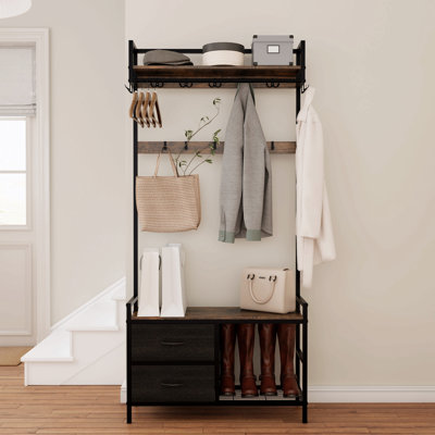 33.1" Wide Hall Tree With 2 Movable Drawers, Shoe Storage, Shelves And Garment Racks, 5-In-1 Entryway Bench With 23 Hooks (Fixed And Movable)