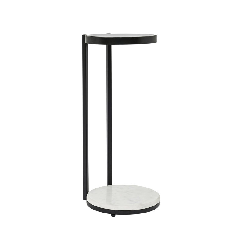 Table d'appoint noire avec plateau en verre et base en marbre blanc, table de bout décorative moderne, base en métal, table d'appoint pour le salon 10 x 10 x 23,25 po