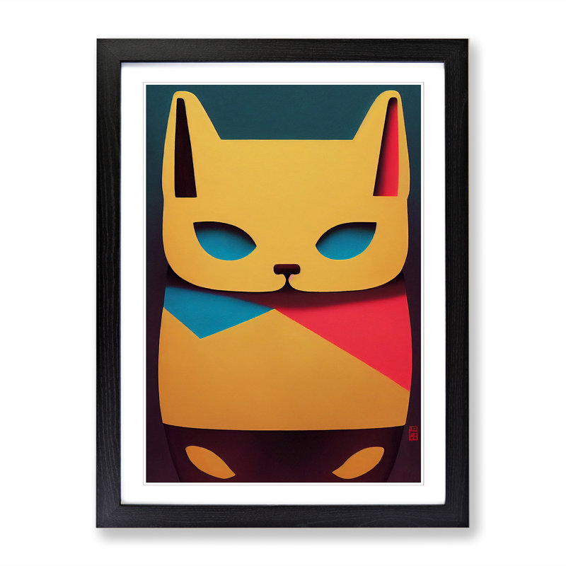 Maneki Neko Cat Cubism - Single Picture Frame Print, Black, 64cm H x 46cm W x 2cm D