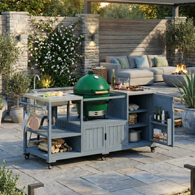 Îlot de cuisine en bois massif 75,4 "avec évier pour XL Big Green Egg - Station de préparation pour barbecue avec plateau en acier inoxydable
