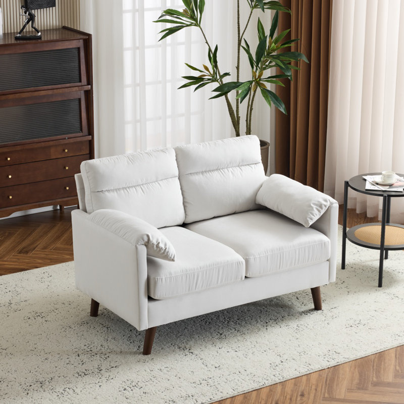 48.8"W Suede Curved Arm Double Sofa Small Loveseat With Cushions , White