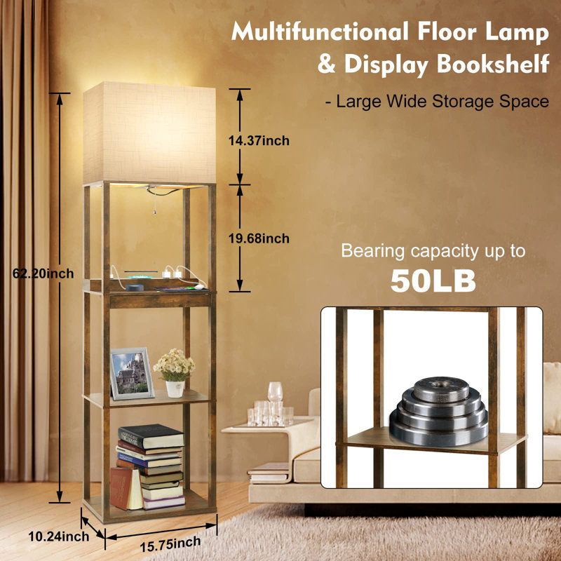 Floor Lamp With Shelves, Modern Standing Lamp With Wireless Charger, 1 Drawer And 2 Usb Ports & 2 Power Outlet, Brown