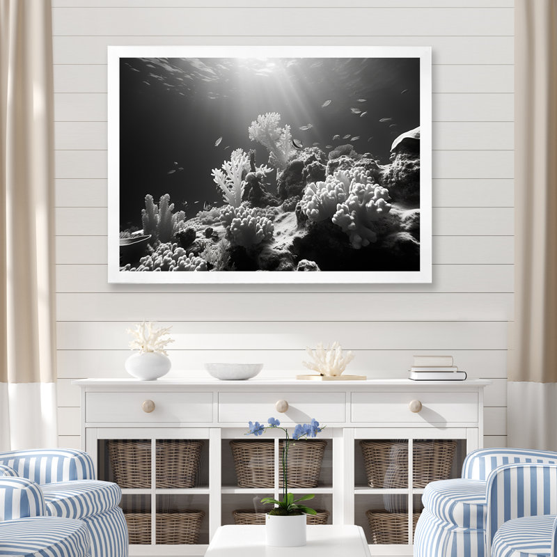 «Black and White Coastal Corals I - Beach & Ocean», reproduction d'art sur toile, Cadre simple blanc