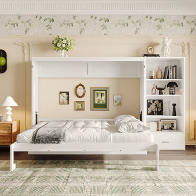 Queen Size Murphy Bed With Height Adjustable Storage Compartments And Shelf, Wall Bed Frame With 1 Drawer, Multifunctional Foldable Platform Bed For Small Space,Bedroom,Guest Room