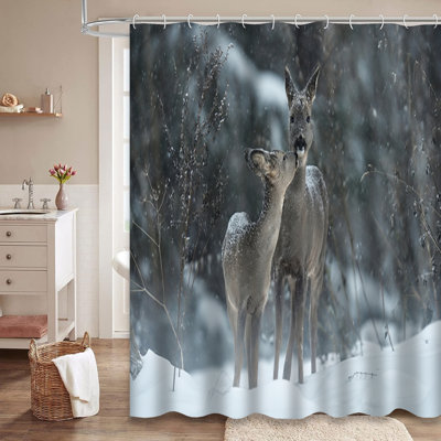 Deer Kiss Animal Love Winter Snow Shower Curtain with 12 Hooks