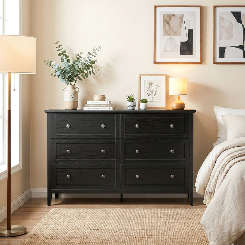 47 Inch Six Drawer Cabinet With Double Row Dual Handles Frame Design Melamine Finish, Black