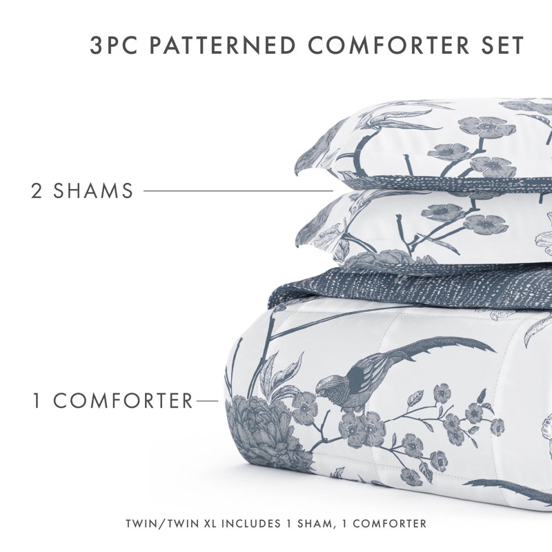 Light Blue Floral Down Alternative Reversible Comforter Set, Full