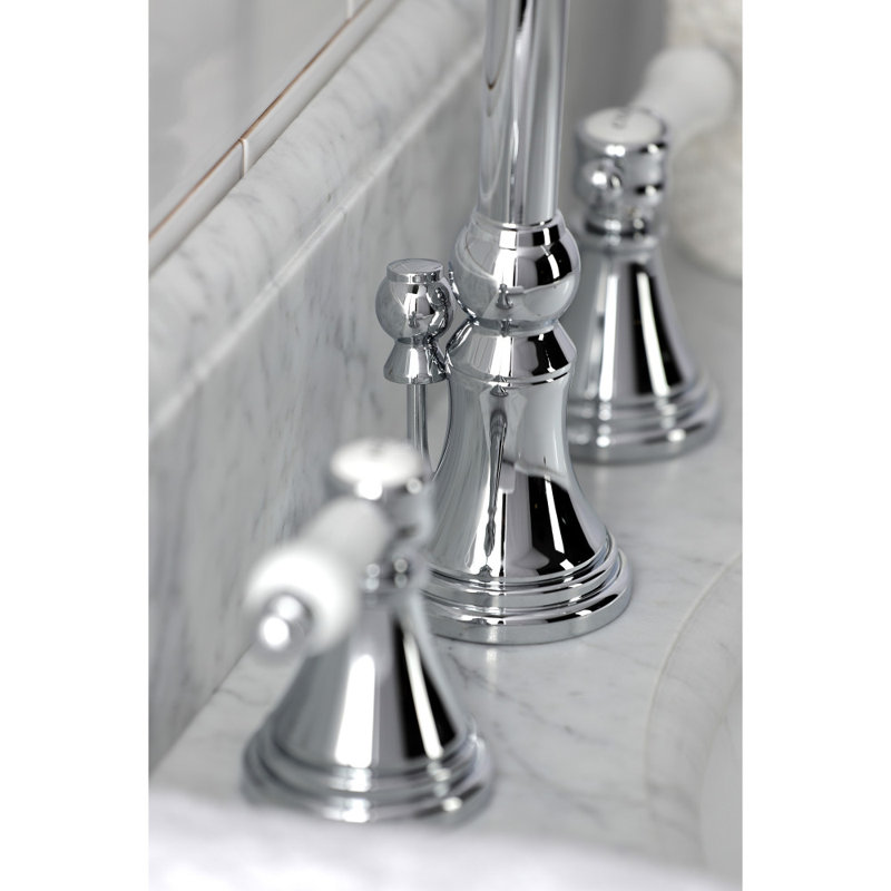 Kingston Brass Bel-Air Two-Handle 3-Hole Deck Mount Widespread Bathroom Faucet with Brass Pop-Up Drain, Polished Chrome