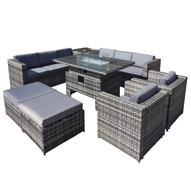 Malta Rattan 10 Seat Rising Firepit U-Shape Set in Grey Walnut with 2 Footstools