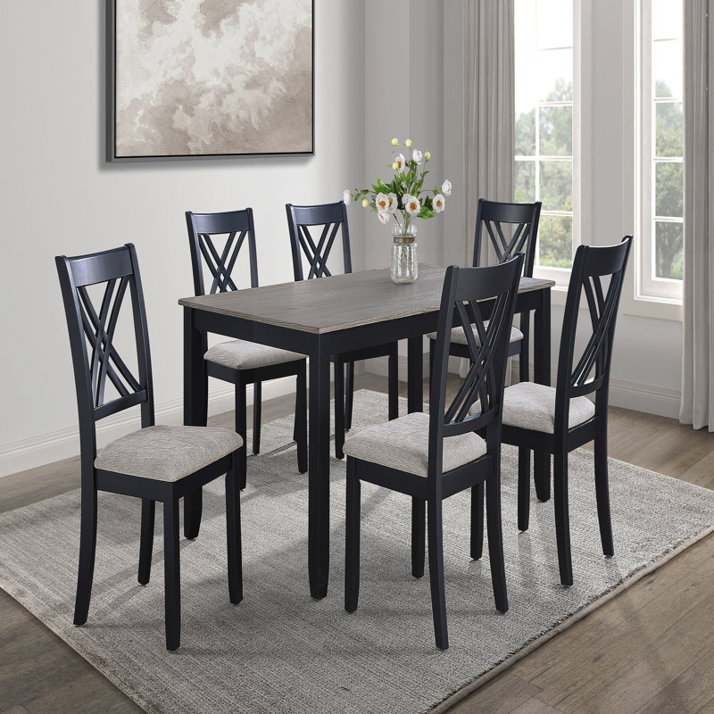 7-Pc Dining Table Set Light Black Gray Rectangular Table Grey Upholstered Dining Chairs