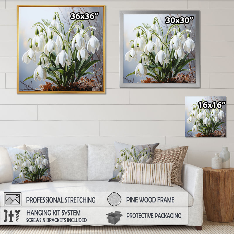 White Green Snowdrops Romantic Impression II - Floral Canvas Wall Art, H 24 po x l 24 po x P 1 po, Cadre flottant doré