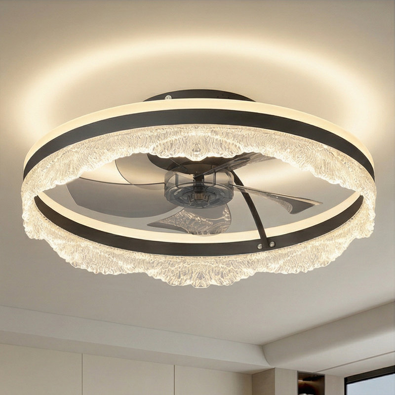 20" Black Led Ceiling Fan With Acrylic Fringe Light, Remote & App, 6 Speeds
