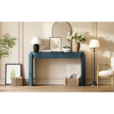 Entryway Table With Vintage Fluted Leg Design, Natural Wood Veneer, 2 Drawers, Navy For Coastal Living Console In Oak Oval Shape, Legs, 16 Lbs Drawer Bearing