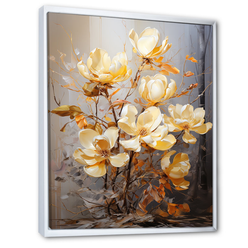 Golden Splendor Magnolias sur toile, Cadre flottant blanc, H 20 po x l 12 po x P 1 po