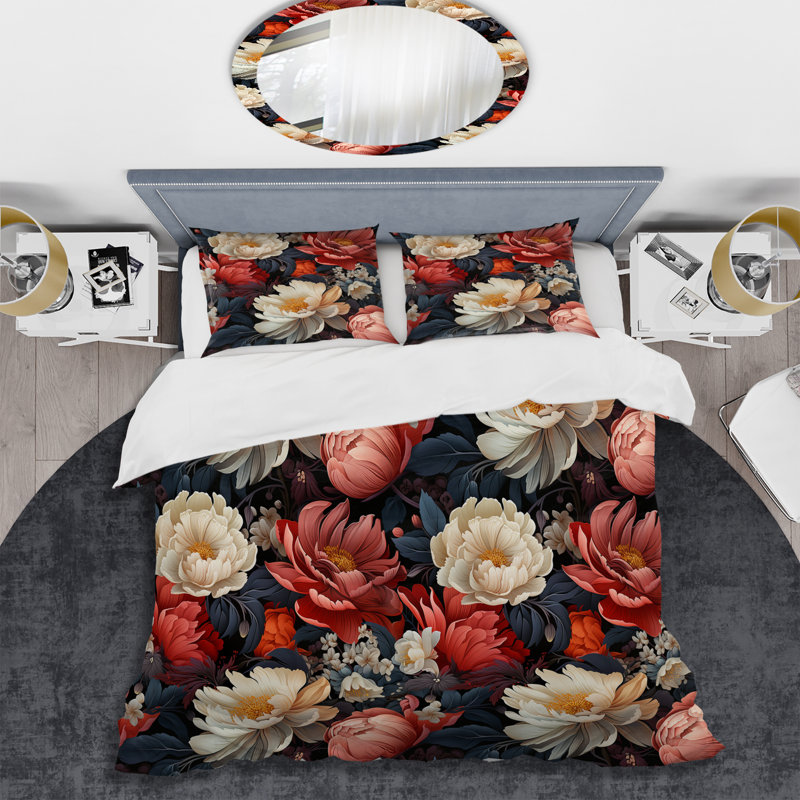 Literie rouge et beige Poppy Blossum Field II, Housse de couette pour très grand lit et 2 très