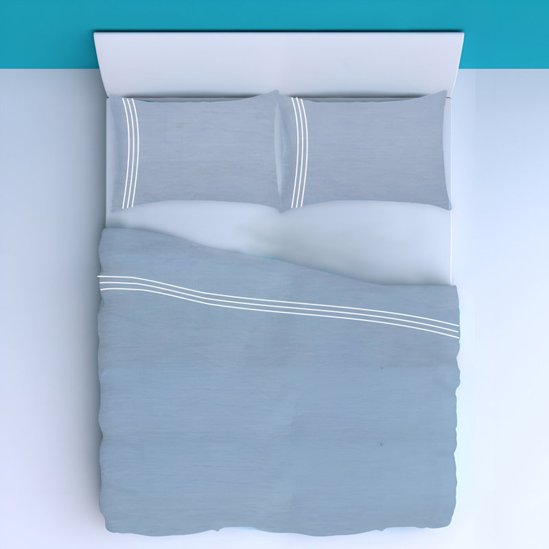 200TC Yarn Dyed Chambray Indigo Blue Triple Embroidery Cotton 4 Piece Sheet Set Fitted Sheet Fits Upto 16" Deep Pocket