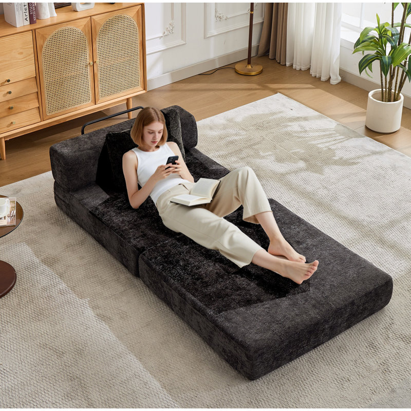 Canapé à compression, canapé-lit convertible au sol avec structure de forme fixe, canapé modulaire à assise simple sans os, sans assemblage requis, tissu chenille, pour le salon, noir