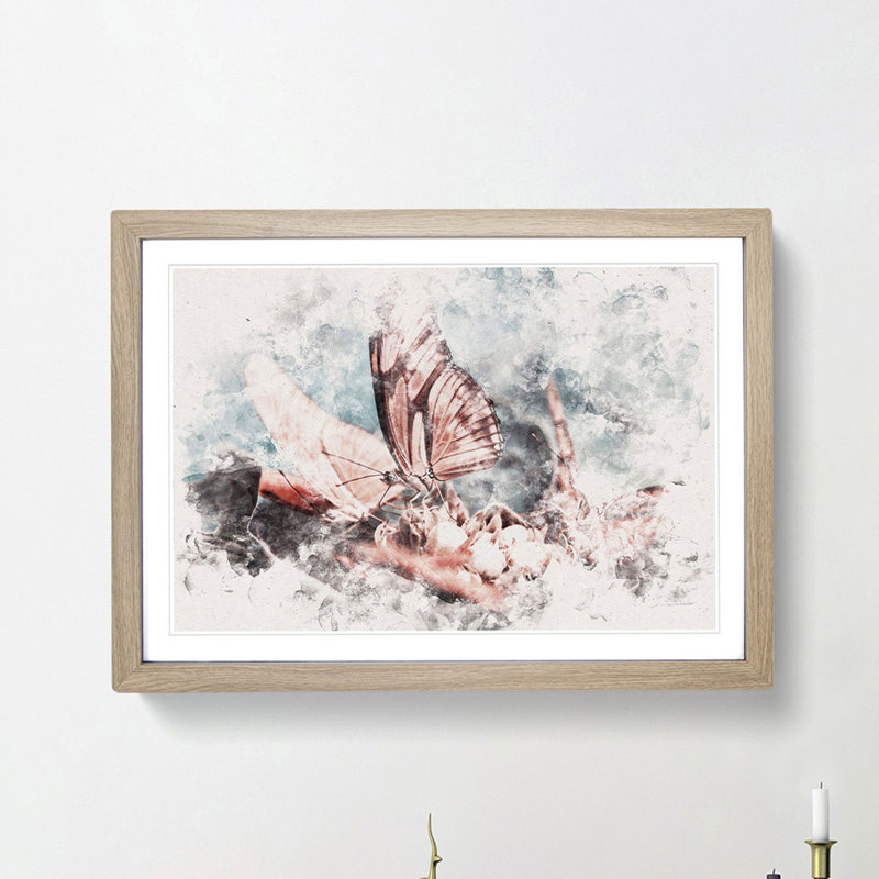 Pink Butterflies - Framed Print, 24cm H x 33cm W x 2cm D, Oak Framed
