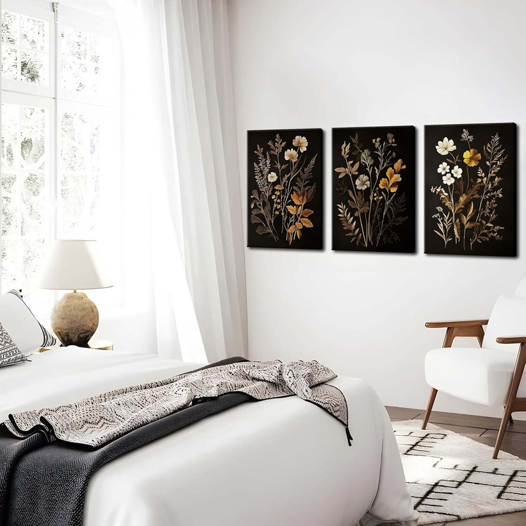 Vintage Black Flower Wall Art Decor Set Of 3, Beautiful Wildflower Botanical Canvas Prints, Dark Academia Fall Floral Poster Painting Picture For Bedr