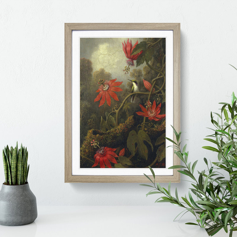 Hummingbird and Flowers by Martin Johnson Heade - Picture Frame Painting, 48cm H x 36cm W x 2cm D, Oak Framed