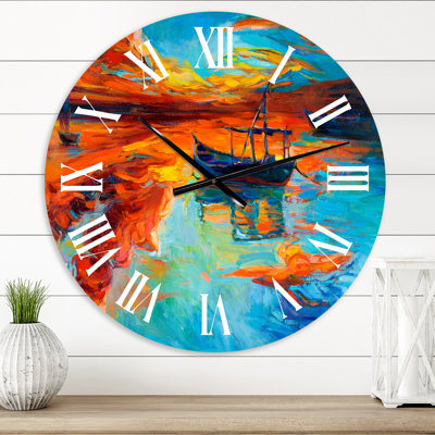 Boat During Evening Glow At The Lake IV - Nautical & Coastal wall clock