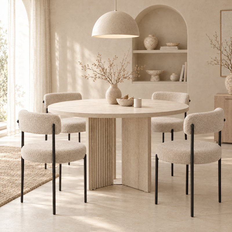 5-Piece Modern Round Dining Table Set With 4 Boucle Upholstered Chairs, White, Beige