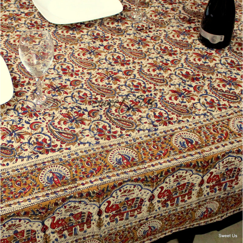 Cotton Floral Tablecloth Rectangle, Blue/Red, 104" L x 70" W