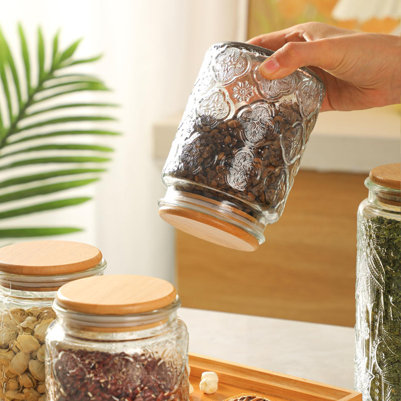 Set of 3 700ml Glass Tea Coffee Sugar Canisters, Airtight Jars with Bamboo Lids for Kitchen Storage