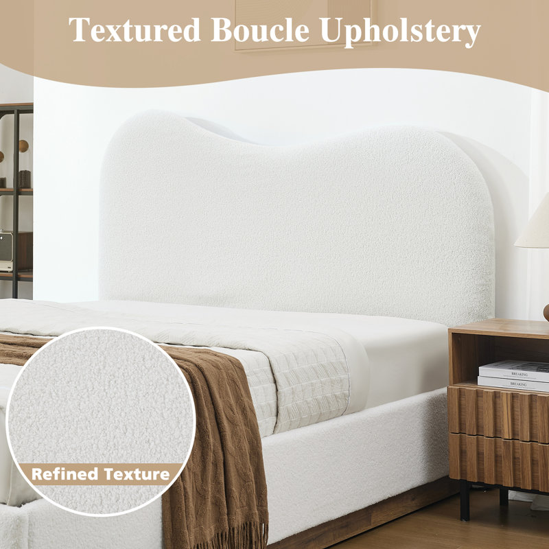 Willma Curved Boucle Hydraulic Lift Up Storage Upholstered Platform Bed with Removable Headboard Cover, White, Full, Full