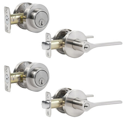 Keyed Alike Front Door Handle and Deadbolt Set, Roundness Heavy Duty Door Handle with Deadbolt Locks, Deadbolt Lock and Door Knob Set for Exterior Doors Satin Nickel, 2Pack