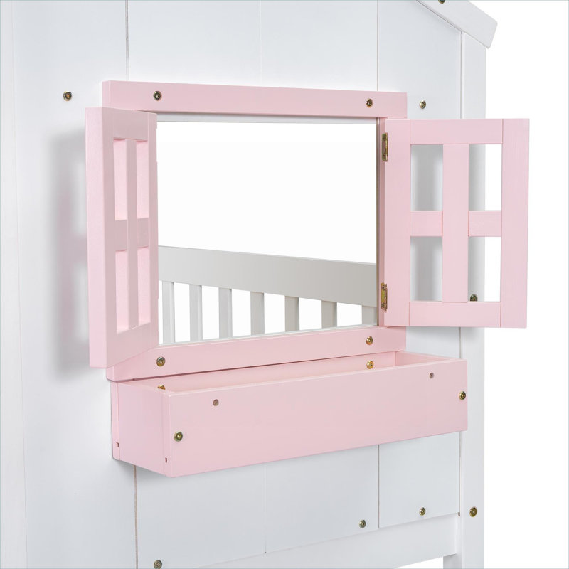 Structure de lit superposé simple au-dessus de simple, construction en pin massif de style maison, rose et blanc vif avec échelle et garde-corps